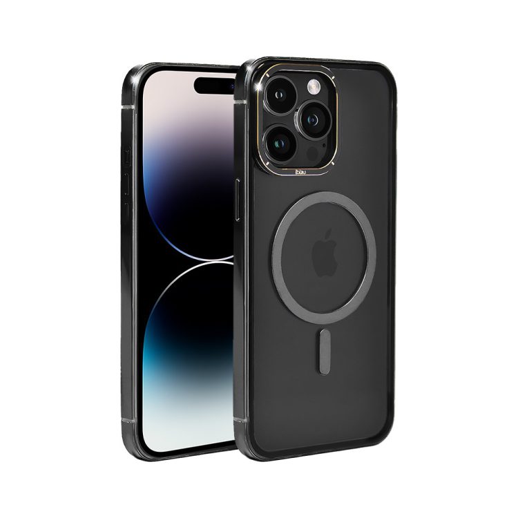 etui do iphone 14 pro max, ibizu elite skin cam ring, krystalicznie czyste z metalową ramką, czarne z magsafe