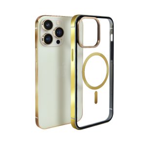 etui do iphone 14 pro max, ibizu elite skin cam ring, krystalicznie czyste z metalową ramką, złote z magsafe