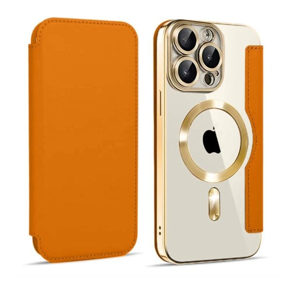 Etui do iPhone 14 Pro typu książka Book Magsafe Lens Protect, z klapką, złote pop (3)
