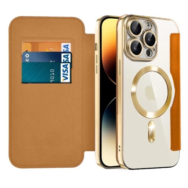 Etui do iPhone 14 Pro typu książka Book Magsafe Lens Protect, z klapką, złote pop (4)