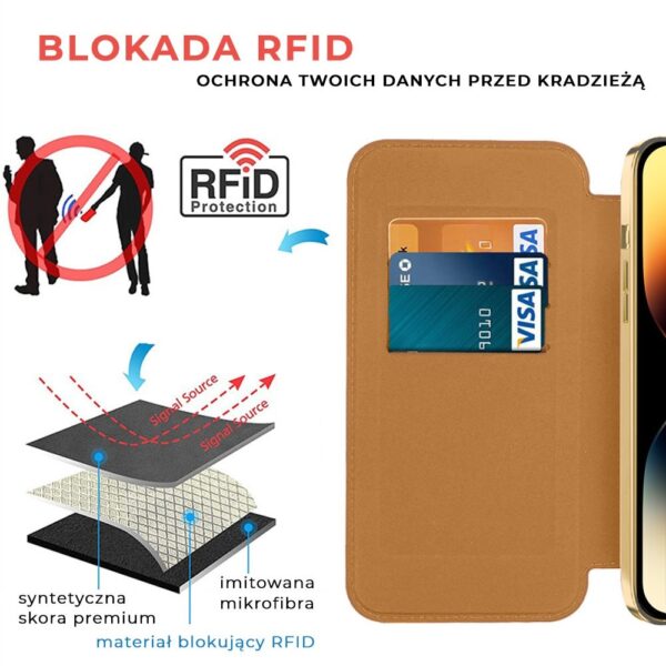 Etui do iPhone 14 Pro typu książka Book Magsafe Lens Protect, z klapką, złote pop (5)