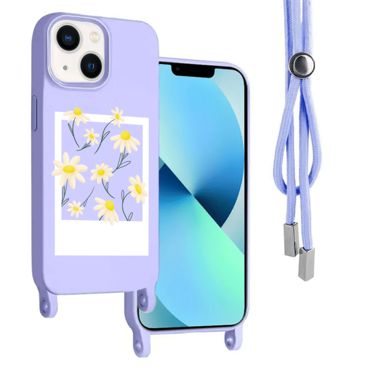 etui do iphone 14 wzmacniane crossbody z fioletową smyczą jak torebka, fioletowe ze stokrotkami