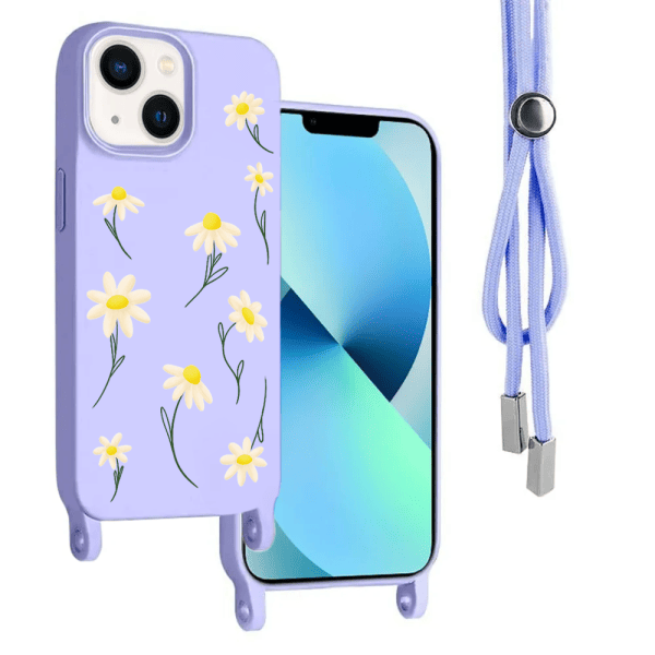 etui do iphone 14 wzmacniane crossbody z fioletową smyczą jak torebka, fioletowe ze stokrotkami