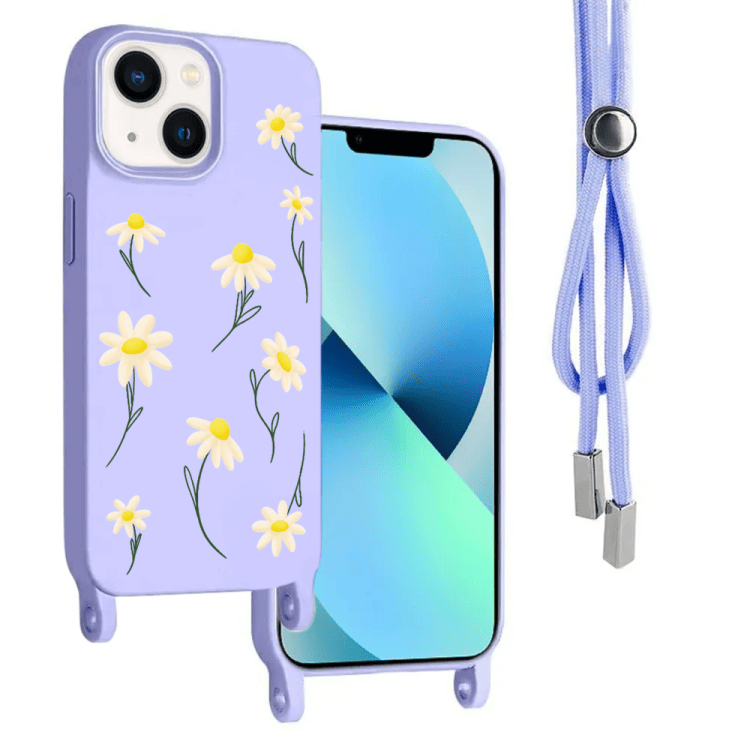 etui do iphone 14 wzmacniane crossbody z fioletową smyczą jak torebka, fioletowe ze stokrotkami