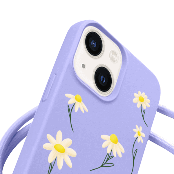 etui do iphone 14 wzmacniane crossbody z fioletową smyczą jak torebka, fioletowe ze stokrotkami