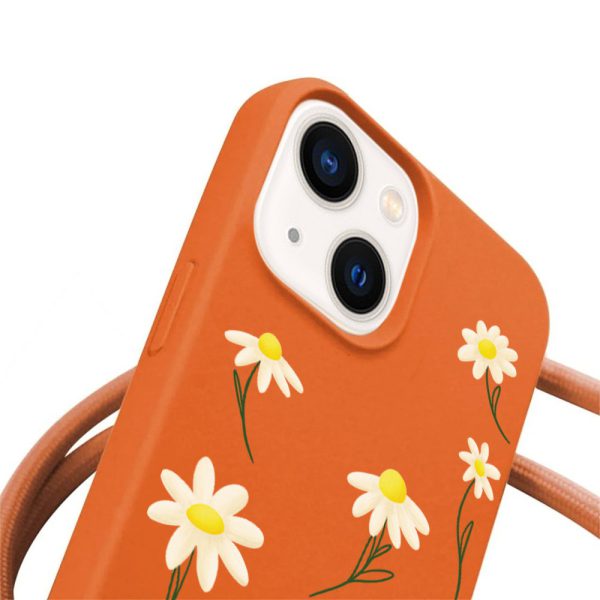 etui do iphone 14 wzmacniane crossbody z pomarańczową smyczą jak torebka, pomarańczowe ze stokrotkami