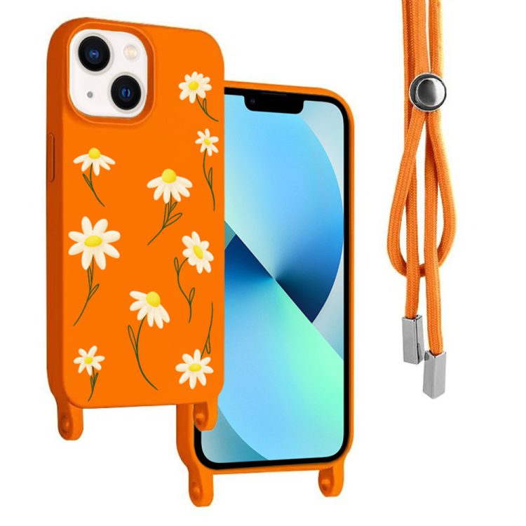 etui do iphone 14 wzmacniane crossbody z pomarańczową smyczą jak torebka, pomarańczowe ze stokrotkami