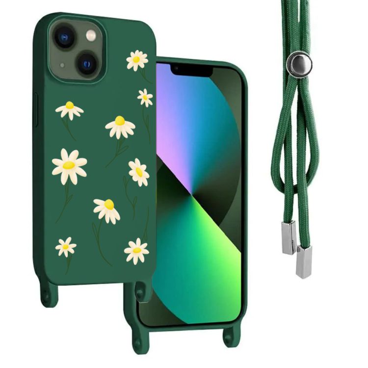 etui do iphone 14 wzmacniane crossbody z zieloną smyczą jak torebka, zielone ze stokrotkami
