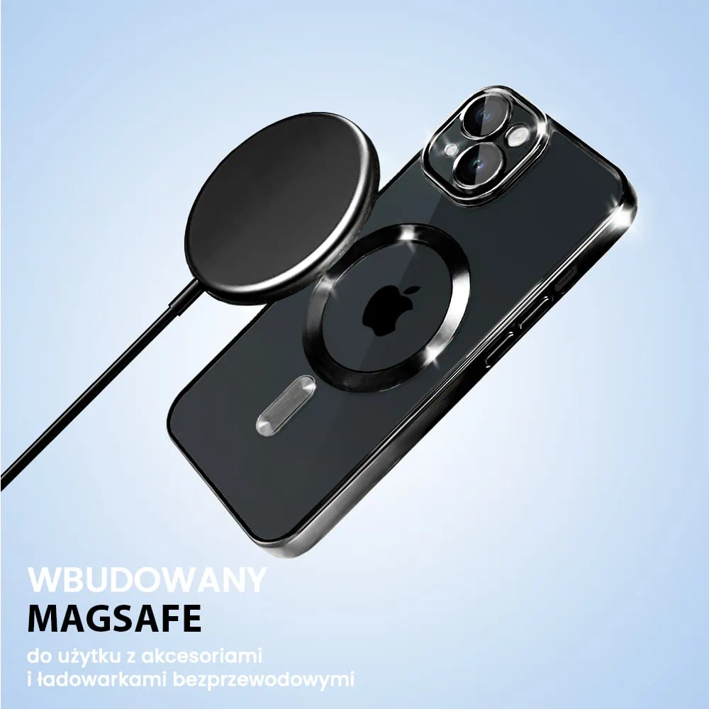 etui do iphone 15 magsafe luxury protect przeźroczyste, hybrydowa ochrona kamery, czarne