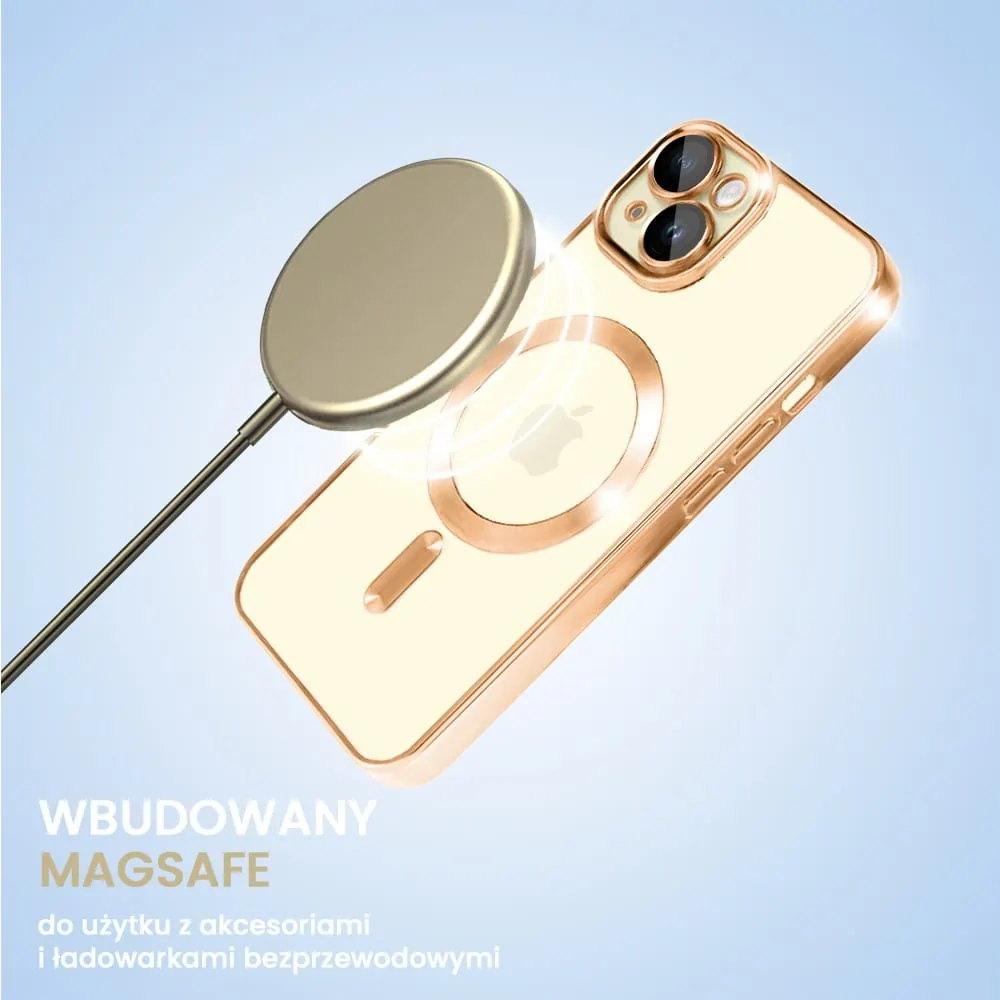 etui do iphone 15 magsafe luxury protect przeźroczyste, hybrydowa ochrona kamery, czerwone złoto