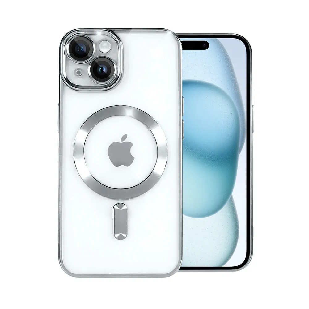 Etui do iPhone 15 Plus MagSafe Luxury Protect przeźroczyste, hybrydowa ochrona kamery, srebrne