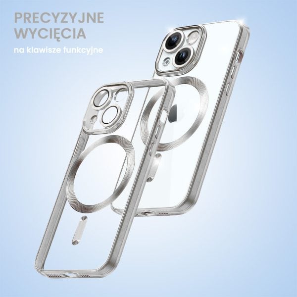 etui do iphone 15 magsafe luxury protect przeźroczyste, hybrydowa ochrona kamery, srebrne