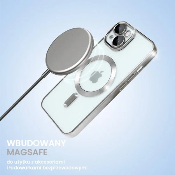 etui do iphone 15 magsafe luxury protect przeźroczyste, hybrydowa ochrona kamery, srebrne