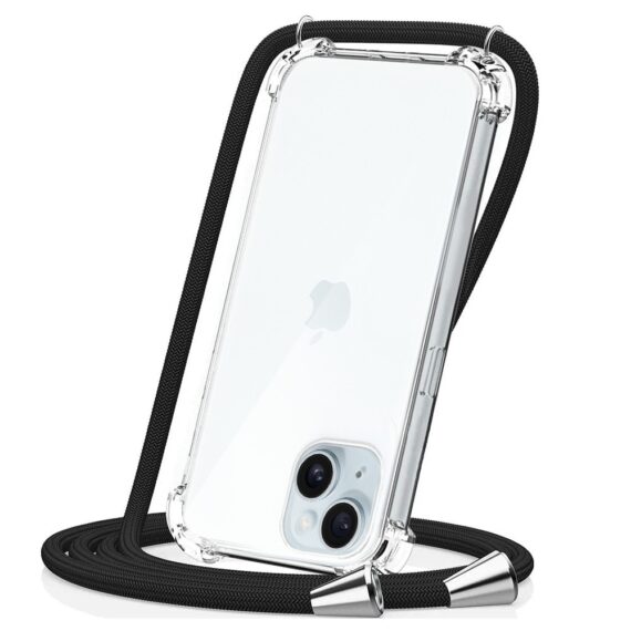 Etui do iPhone 15 Plus wzmacniane crossbody z czarną smyczą jak torebka, przeźroczyste NOWE (1)