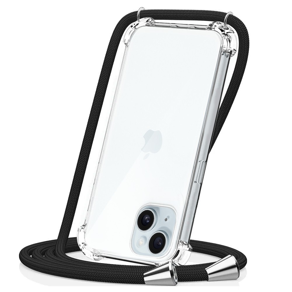 Etui do iPhone 15 Plus wzmacniane crossbody z czarną smyczą jak torebka, przeźroczyste NOWE (1)