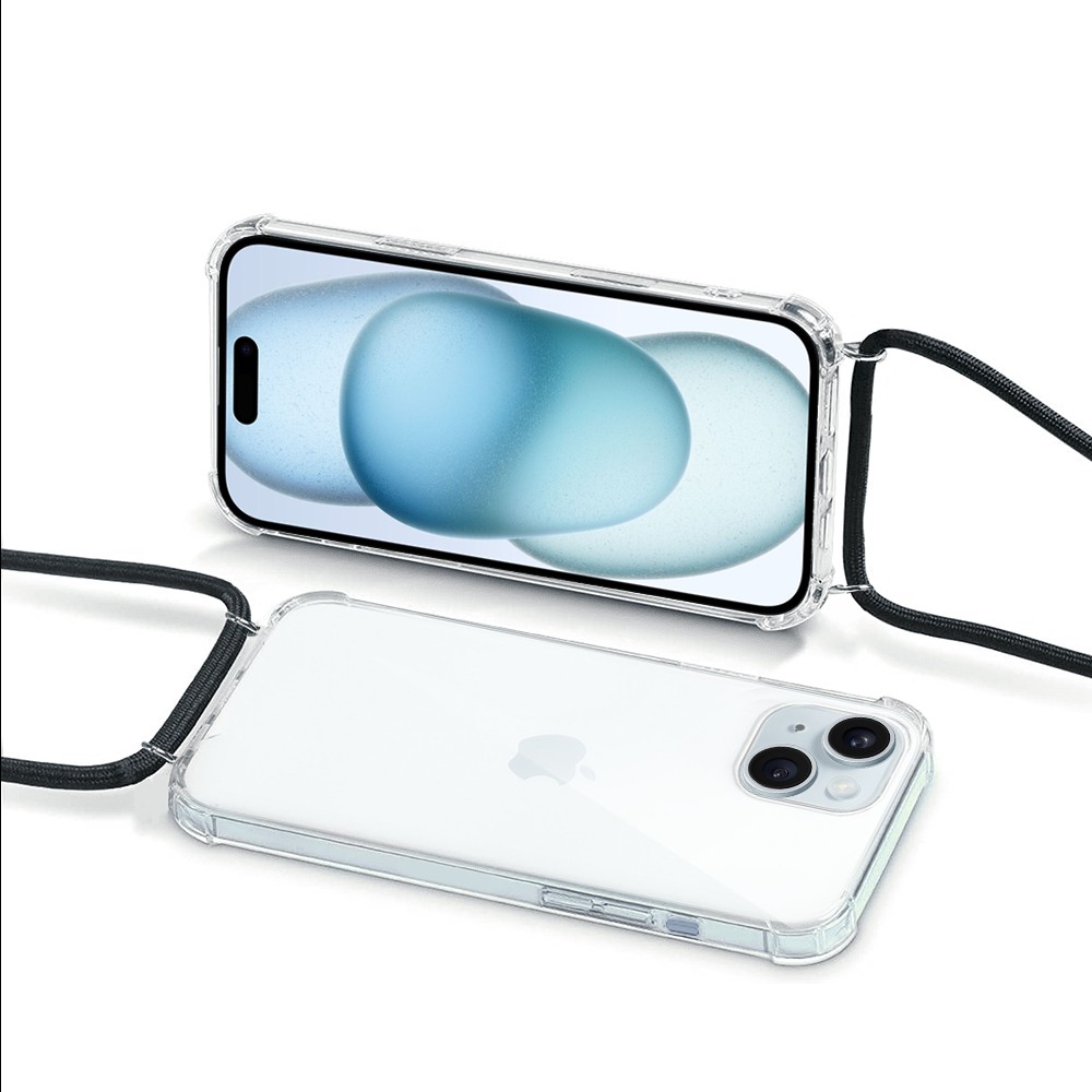Etui do iPhone 15 Plus wzmacniane crossbody z czarną smyczą jak torebka, przeźroczyste NOWE (2)