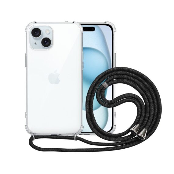 Etui do iPhone 15 Plus wzmacniane crossbody z czarną smyczą jak torebka, przeźroczyste NOWE (3)