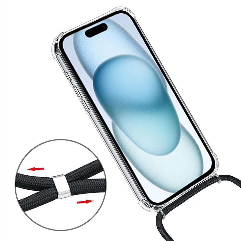 Etui do iPhone 15 Plus wzmacniane crossbody z czarną smyczą jak torebka, przeźroczyste NOWE (5)