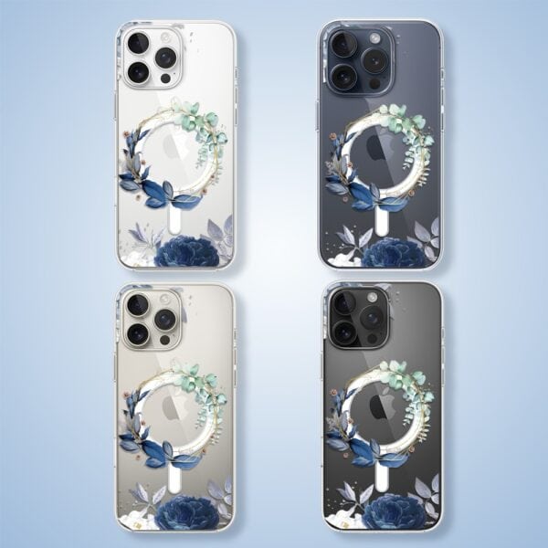 Etui do iPhone 15 Pro, Flower MagSafe, niebieskie kwiaty, przeźroczyste (2)