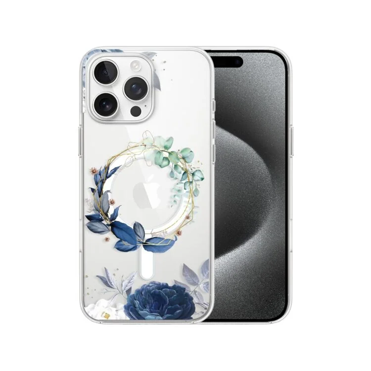 Etui do iPhone 15 Pro, Flower MagSafe, niebieskie kwiaty, przeźroczyste (6)
