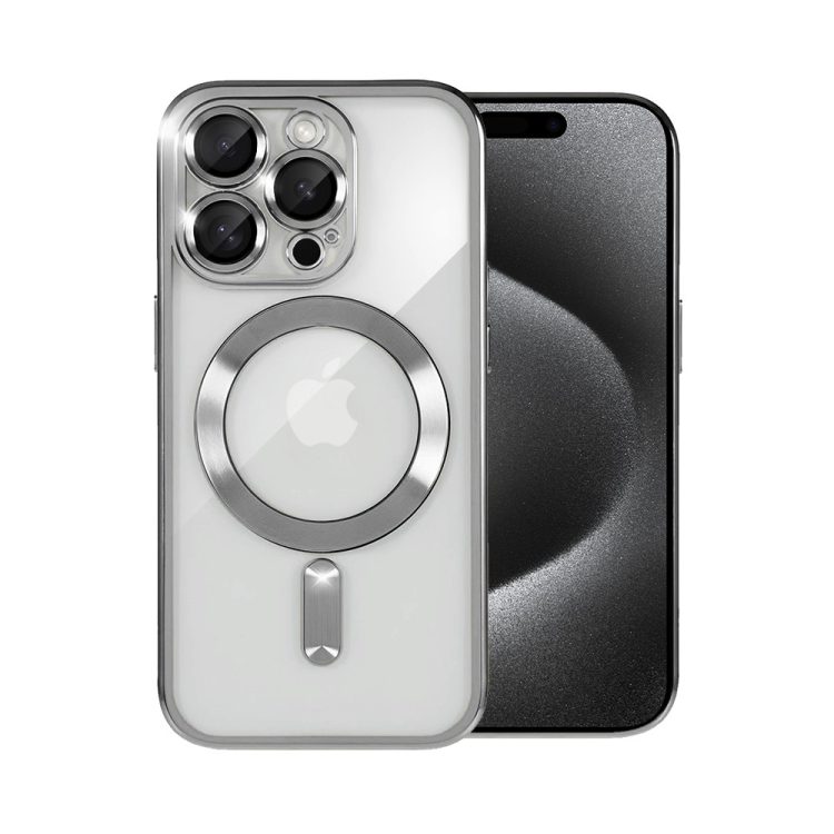 etui do iphone 15 pro max magsafe luxury protect przeźroczyste, hybrydowa ochrona kamery, srebrne