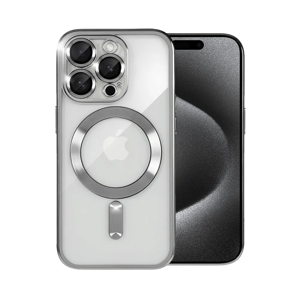 Etui do iPhone 15 Pro MagSafe Luxury Protect przeźroczyste, hybrydowa ochrona kamery, srebrne