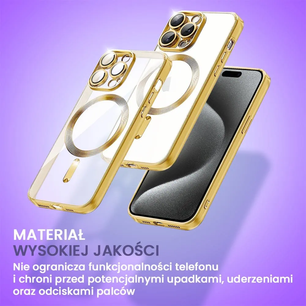 etui do iphone 15 pro max magsafe luxury protect przeźroczyste, hybrydowa ochrona kamery, złote