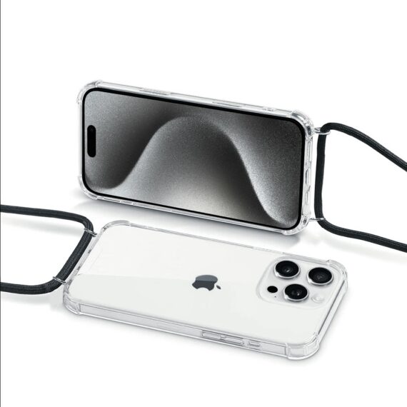 Etui do iPhone 15 Pro Max wzmacniane crossbody z czarną smyczą jak torebka, przeźroczyste NOWE (1)
