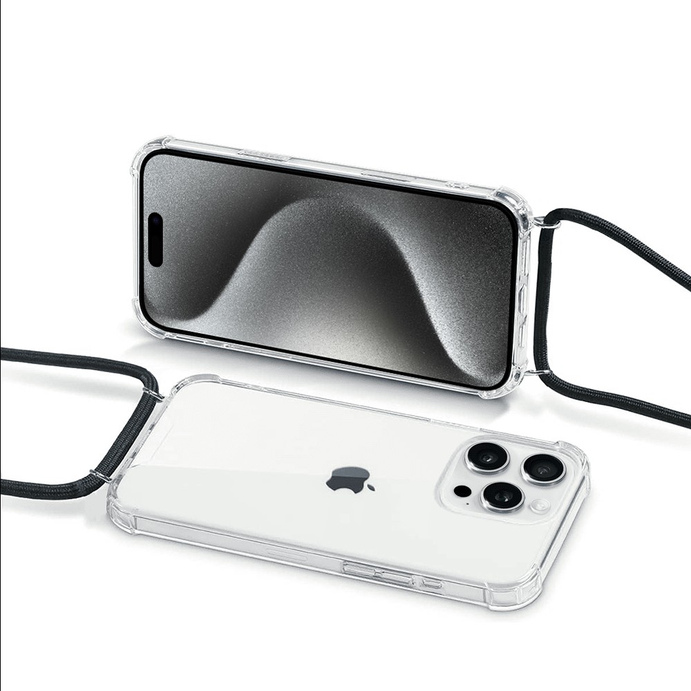 Etui do iPhone 15 Pro Max wzmacniane crossbody z czarną smyczą jak torebka, przeźroczyste NOWE (1)