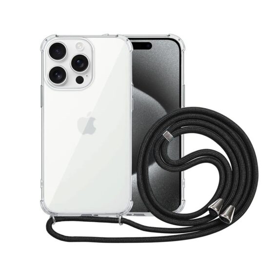 Etui do iPhone 15 Pro Max wzmacniane crossbody z czarną smyczą jak torebka, przeźroczyste NOWE (2)