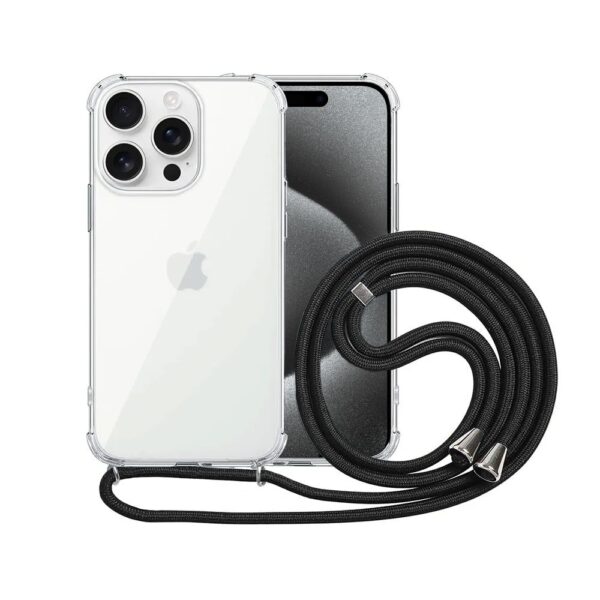 Etui do iPhone 15 Pro Max wzmacniane crossbody z czarną smyczą jak torebka, przeźroczyste