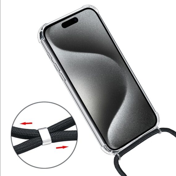 Etui do iPhone 15 Pro Max wzmacniane crossbody z czarną smyczą jak torebka, przeźroczyste NOWE (4)