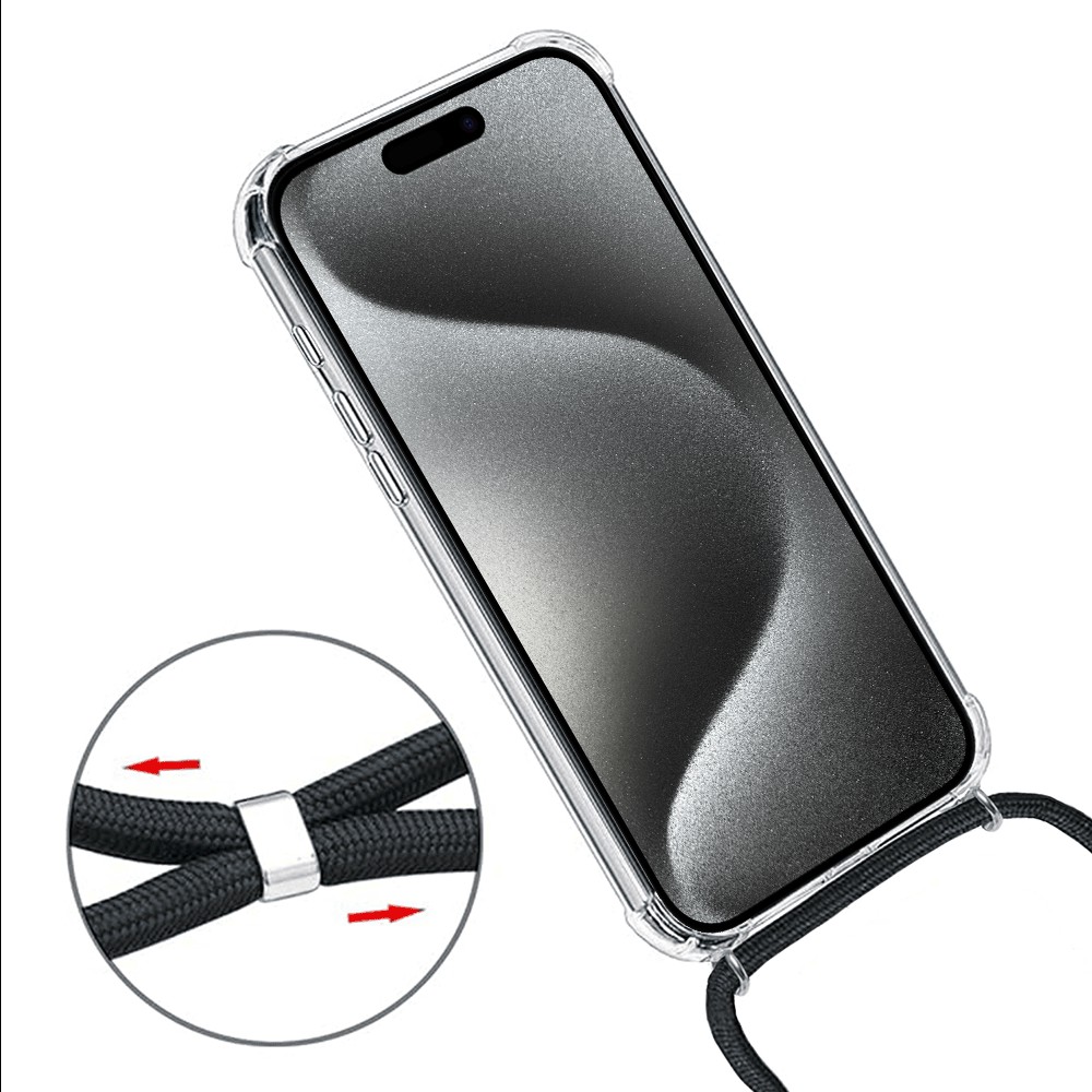 Etui do iPhone 15 Pro Max wzmacniane crossbody z czarną smyczą jak torebka, przeźroczyste NOWE (4)