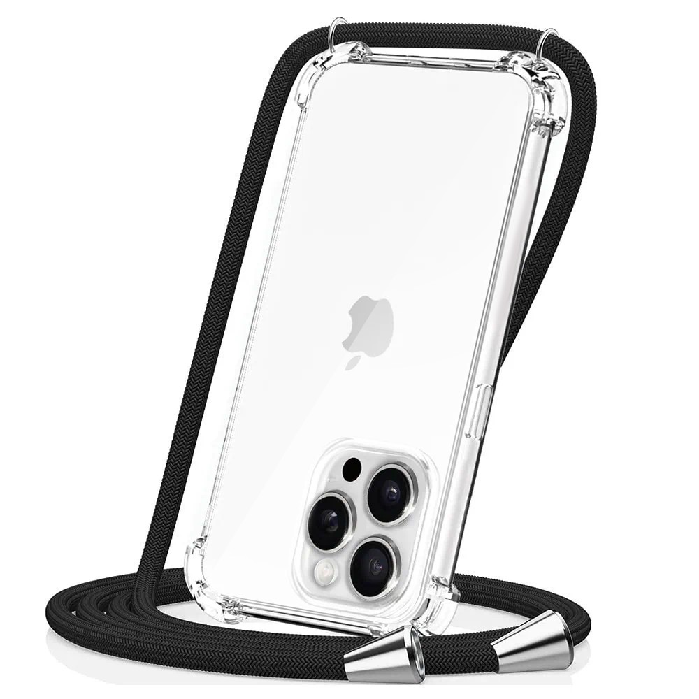 Etui do iPhone 15 Pro Max wzmacniane crossbody z czarną smyczą jak torebka, przeźroczyste NOWE (5)