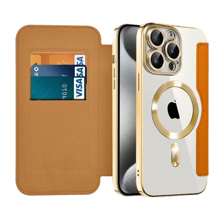 etui iphone 15 pro max typu książka book magsafe lens protect, z klapką, złote