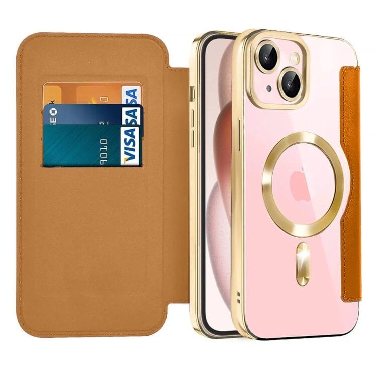 etui iphone 15 typu książka book magsafe lens protect, z klapką, złote