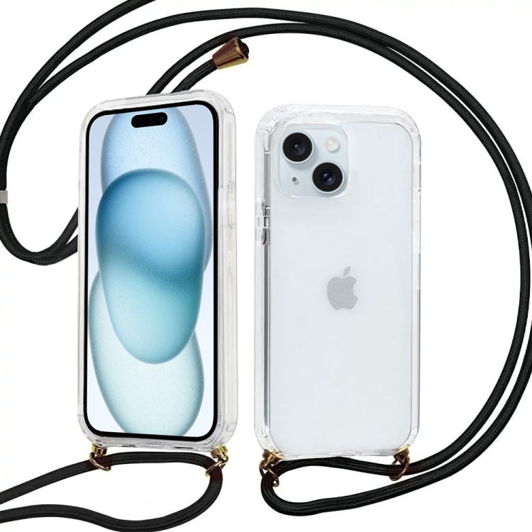 etui do iphone 15 wzmacniane crossbody z czarną smyczą jak torebka