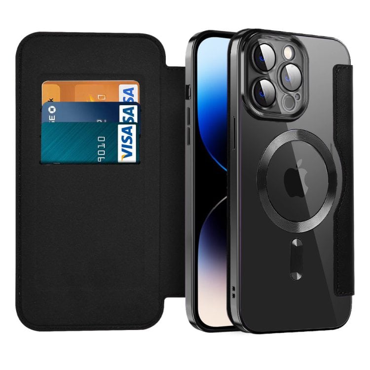 etui iphone 14 pro max typu książka book magsafe lens protect, z klapką, czarne