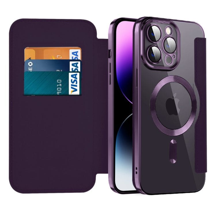 etui iphone 14 pro max typu książka book magsafe lens protect, z klapką, purpurowe
