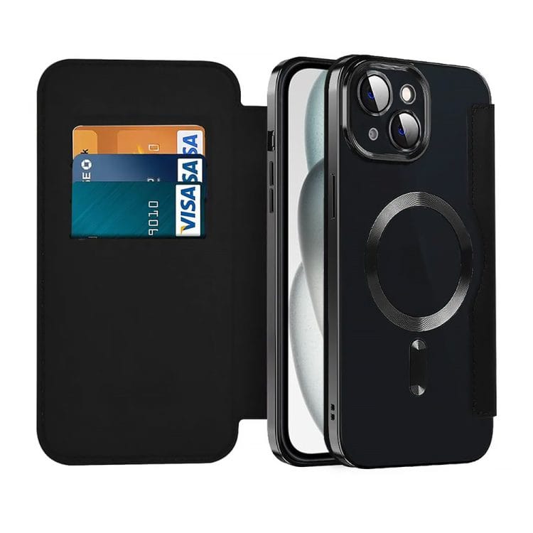 etui iphone 15 plus typu książka book magsafe lens protect, z klapką, czarne