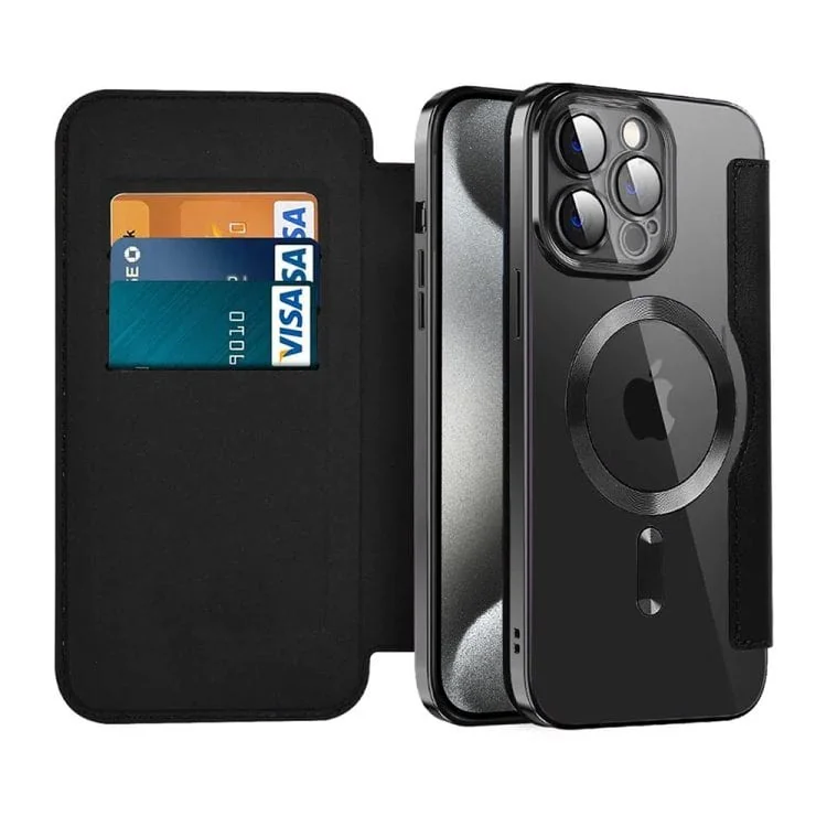 etui iphone 15 pro max typu książka book magsafe lens protect, z klapką, czarne