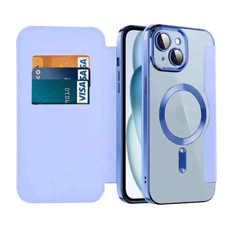 etui iphone 15 typu książka book magsafe lens protect, z klapką, błękitny