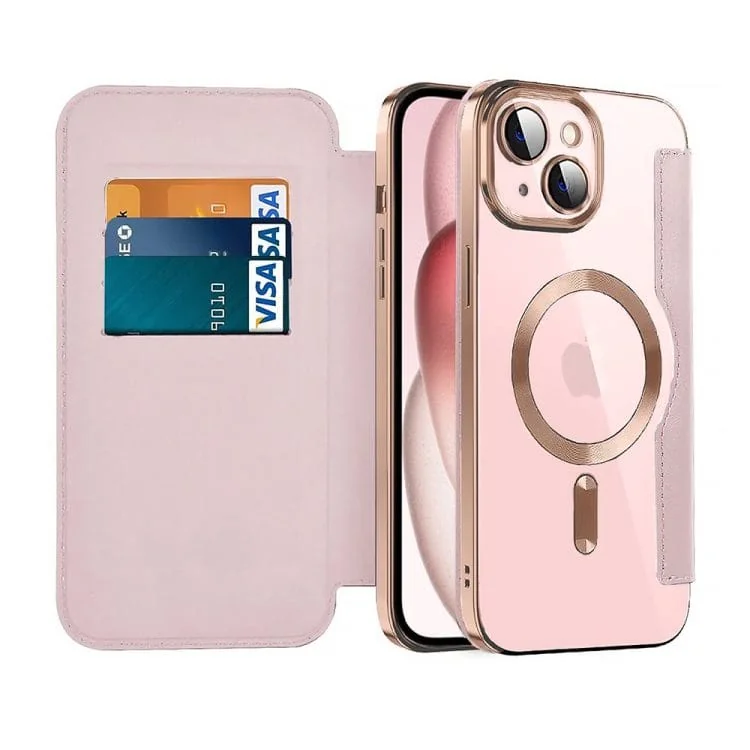etui iphone 15 typu książka book magsafe lens protect, z klapką, różowe