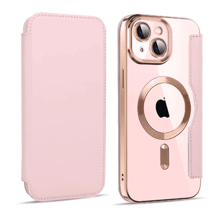 etui iphone 15 typu książka book magsafe lens protect, z klapką, różowe