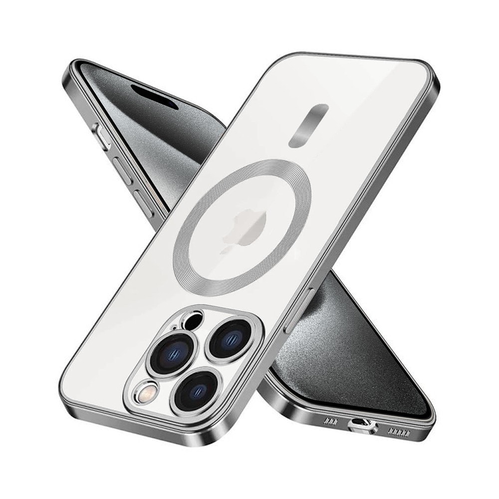 etui do iphone 15 pro max magsafe luxury protect przeźroczyste, hybrydowa ochrona kamery, srebrne