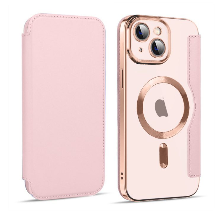 etui iphone 13 typu książka  book magsafe lens protect, z klapką, ochrona aparatu i obiektywu, rfd, różowe