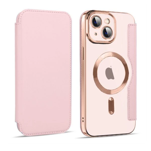 etui iphone 13 typu książka  book magsafe lens protect, z klapką, ochrona aparatu i obiektywu, rfd, różowe