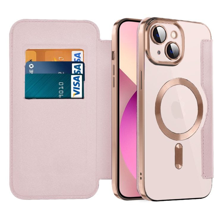 etui iphone 13 typu książka  book magsafe lens protect, z klapką, ochrona aparatu i obiektywu, rfd, różowe