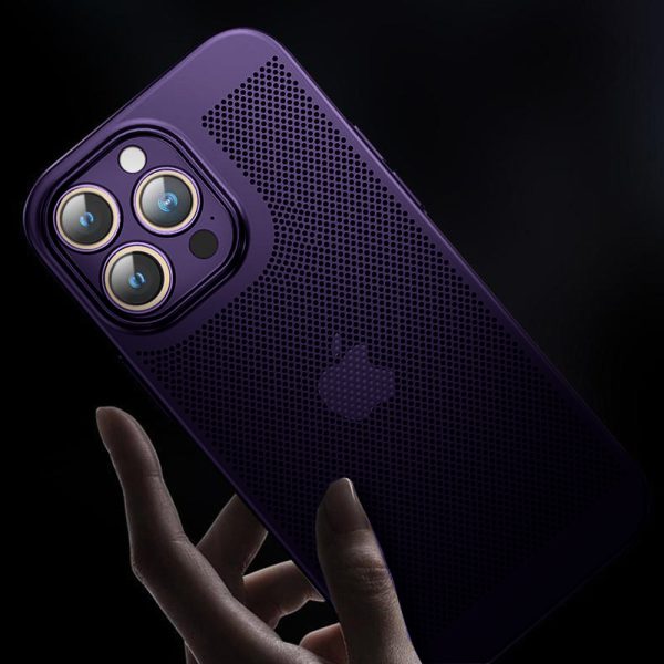 etui do iphone 14 pro, oddychające, hybrydowa ochrona kamery, purpurowe