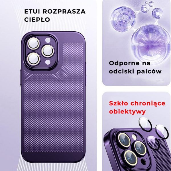 etui do iphone 14 pro max, oddychające, hybrydowa ochrona kamery, purpurowe